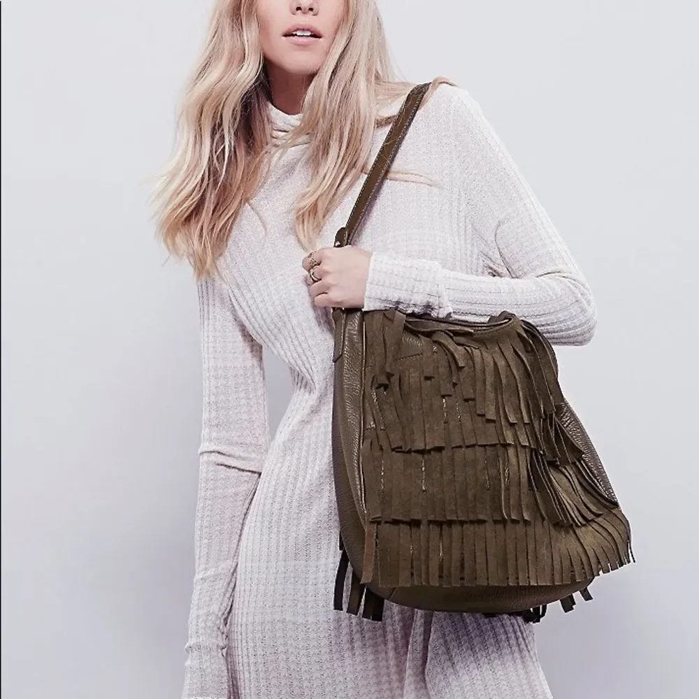 Free People Ashbury Fringe Vegan Leather Olive Green Tote.